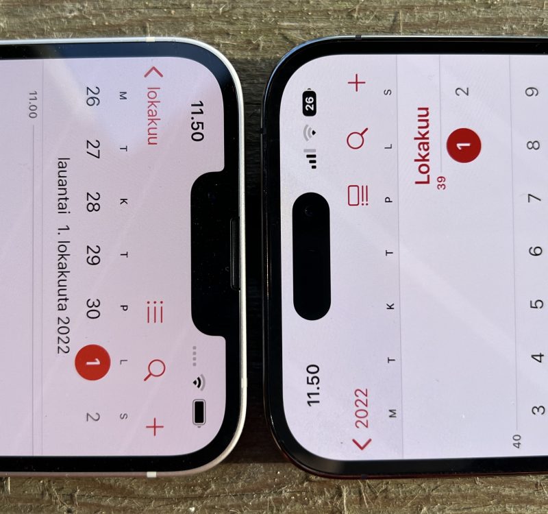 iPhone 14 vs. iPhone 14 Pro. Reikä vie näytöstä lähes saman tilan, mutta ulkonäkö on modernimpi.
