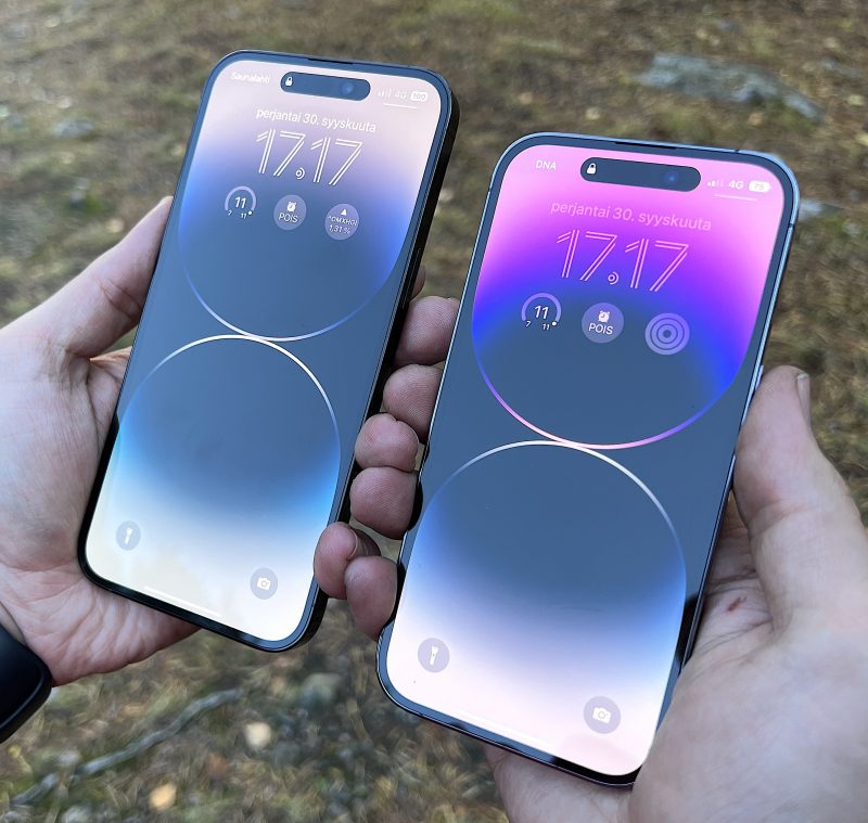 iPhone 14 Pro Max 6,7 tuuman ja iPhone 14 Pro 6,1 tuuman näytöllä.